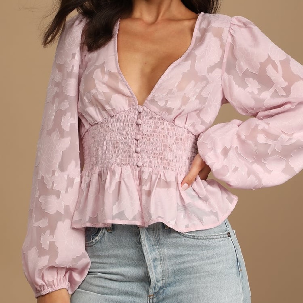Lulu’s Patio Date Lavender Floral Jacquard Button-Up Long Sleeve Top